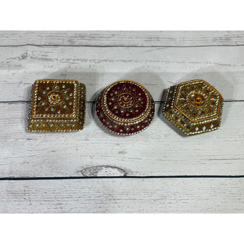Set of 3 Indian Rhinestone Trinket Boxes Gold Burgundy Glitter Jewelry Keepsake